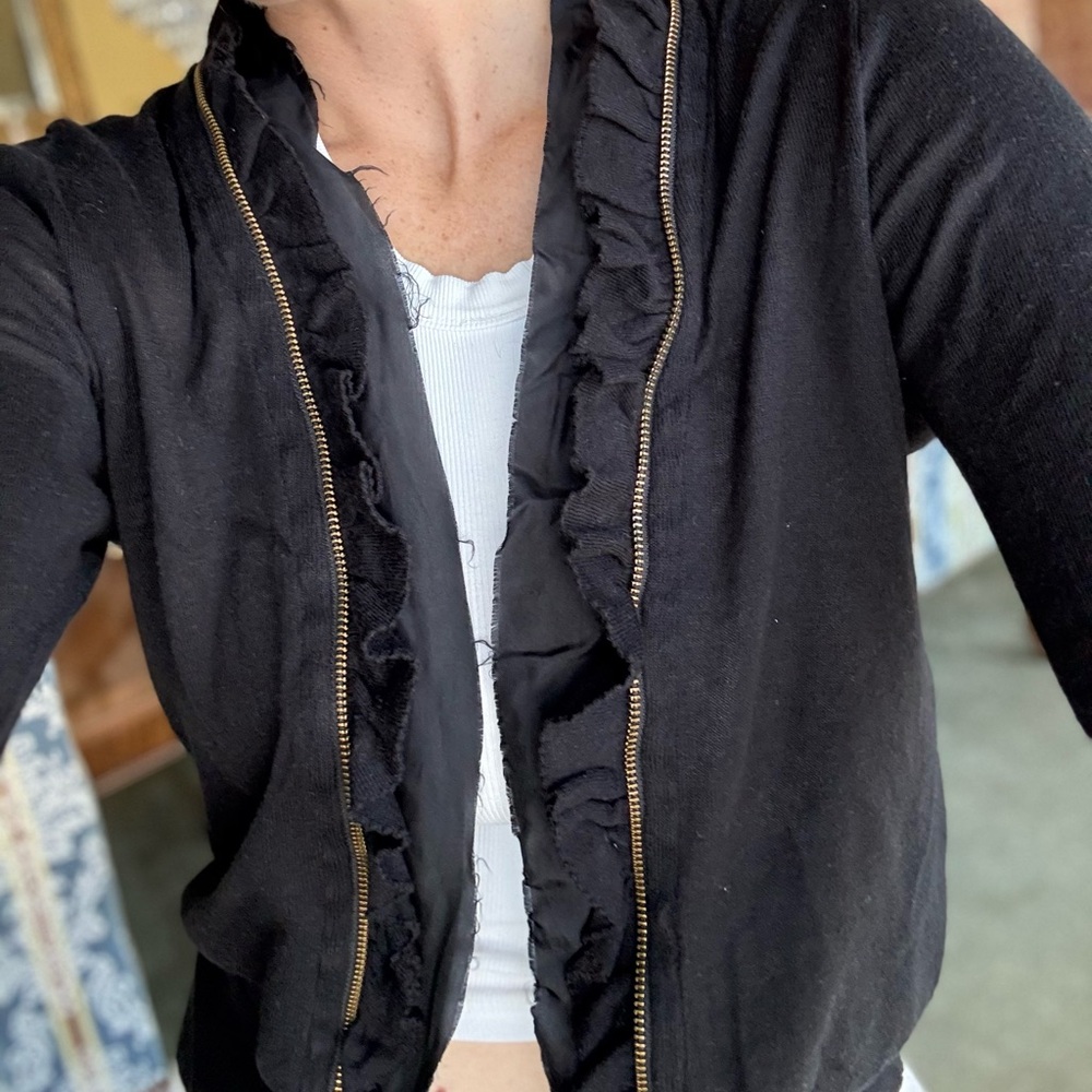 J. Crew- Silk & Wool Black Ruffled Cardigan